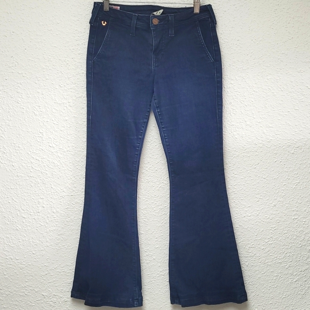 True Religion Gold Patch Flared Wide Leg Jeans; Size 29